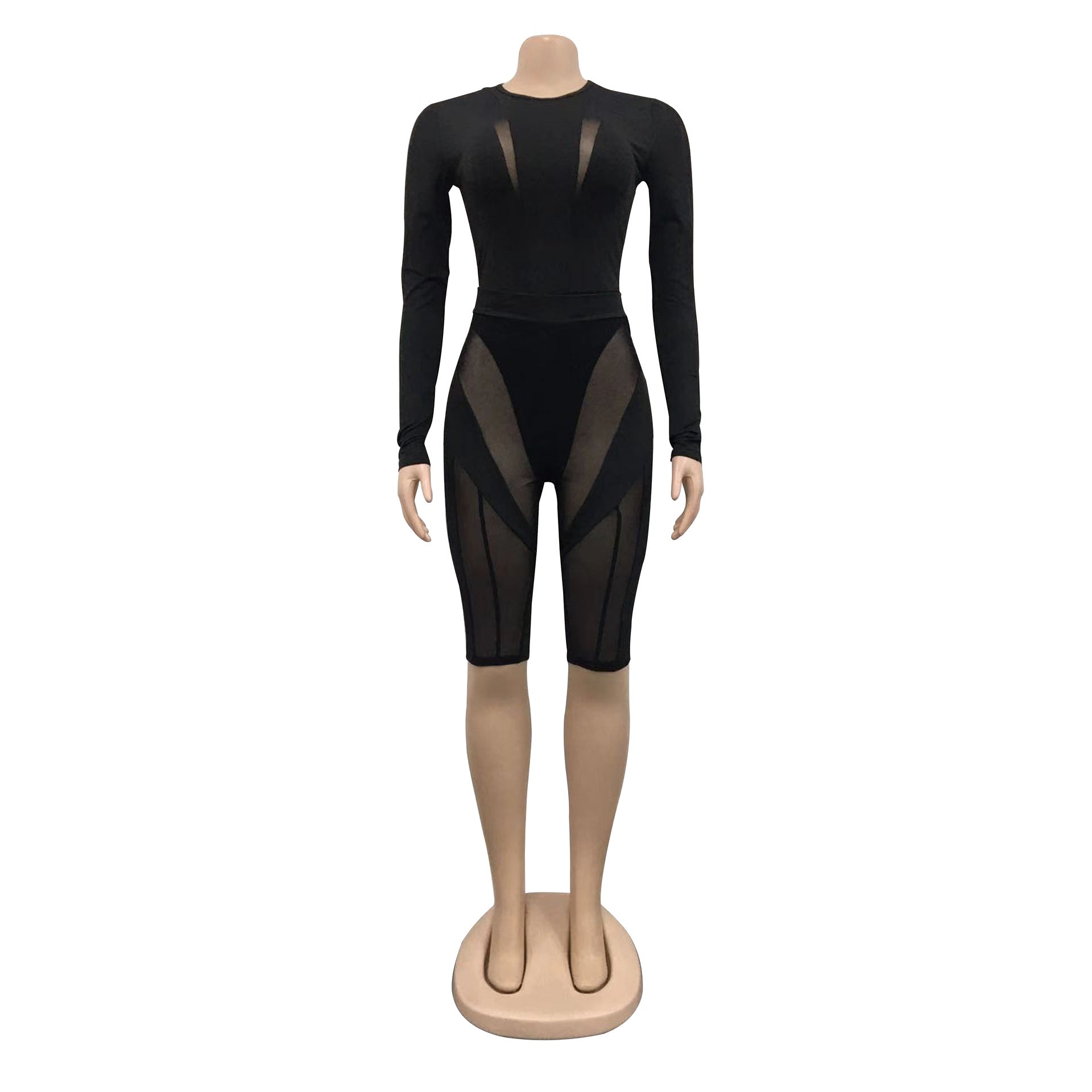 Women's Fashion Mesh See-Through Round Neck Shorts Long Sleeve Two Piece 16