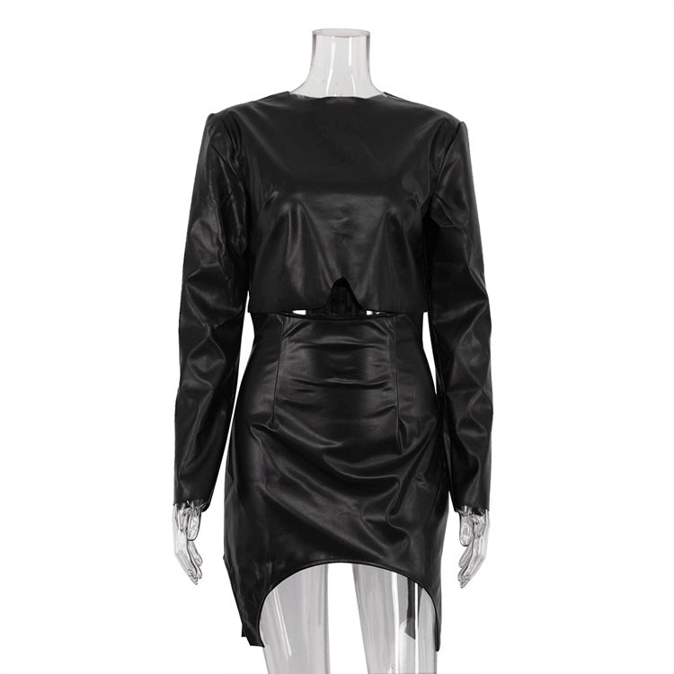 Women pu-Leather Round Neck long-sleeved Top irregular Bodycon Skirt two-piece set 6