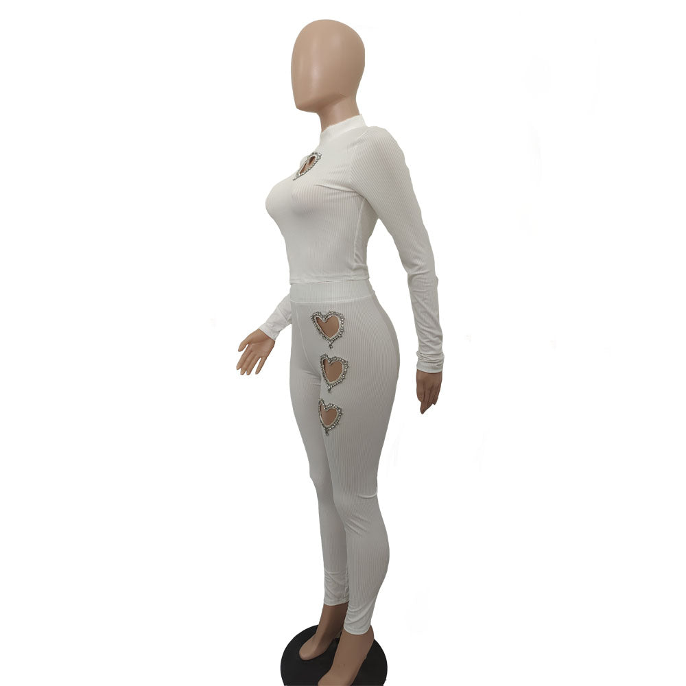 Women's Heart-Shaped Beaded Solid Color Two Piece Pants Set 16