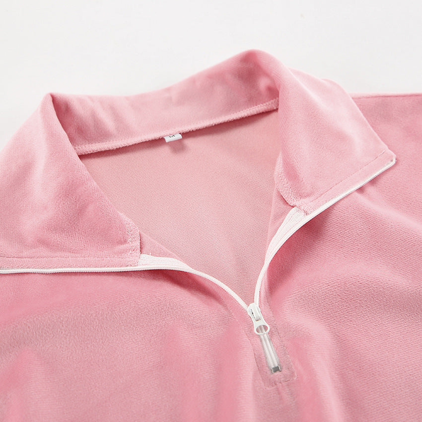 Pink Fashion Sports Suit Autumn Winter Zipper Turndown Collar Two-Piece Women Pants Set 10