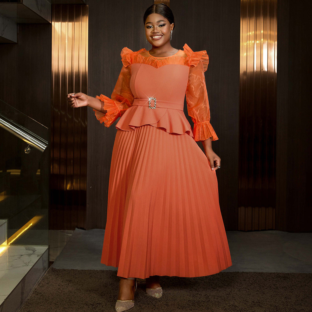 Women Round Neck Lantern Sleeve Party Formal Party Dress 3