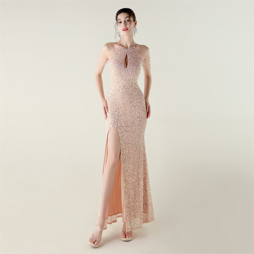 Women Halter Neck sequined beaded fishtail slit evening dress 13