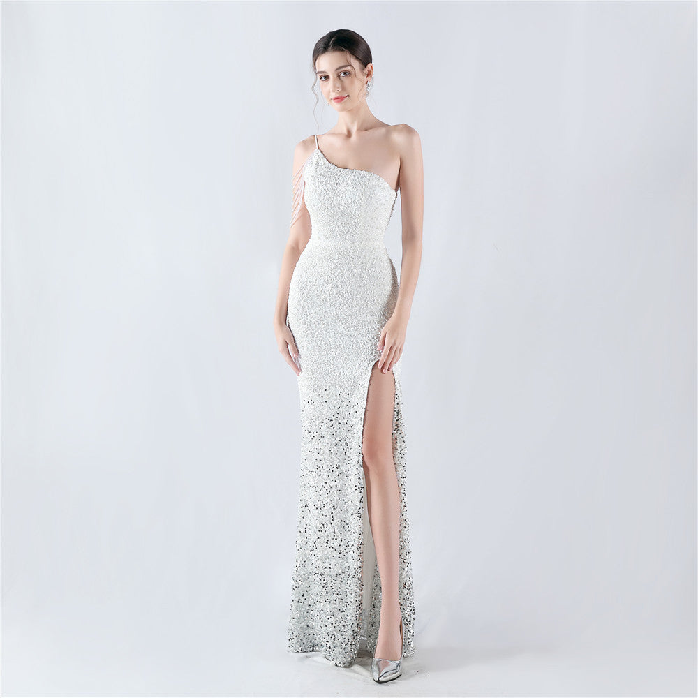 Gradient Sequins One-Shoulder Strap Evening Dress 9