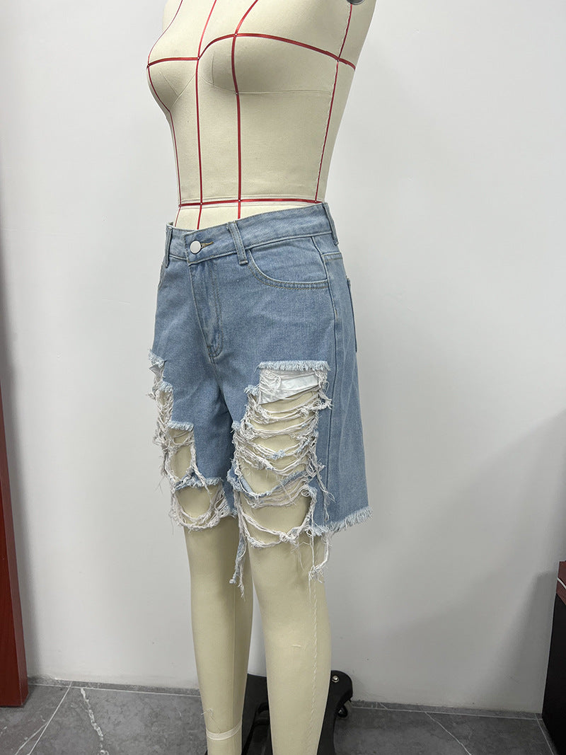 Summer Women's Denim Shorts Ripped Loose High Waist Knee-Length Shorts 18