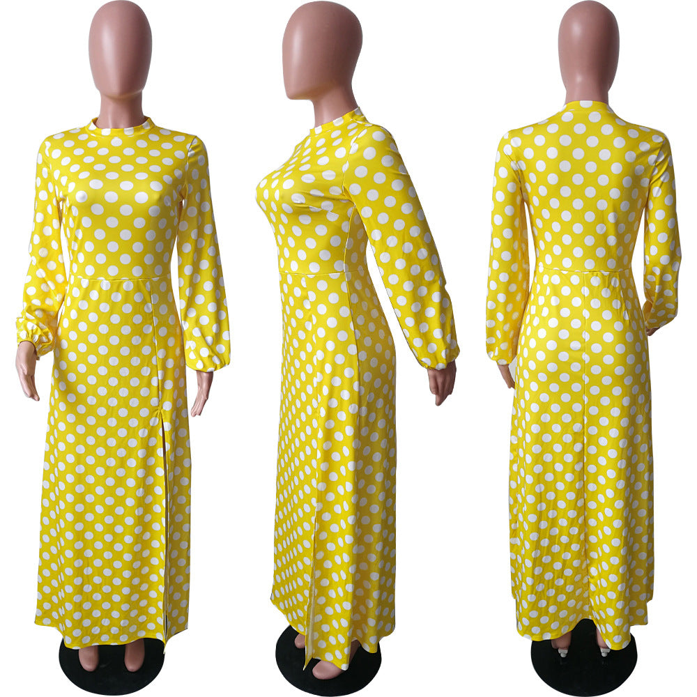 Women's Spring And Winter Round Neck Polka Dot Long Sleeve High Slit Midi Dress 9