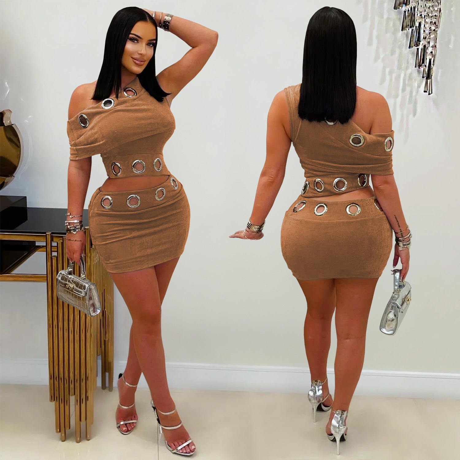 Fashion Women's Sexy Button Slash Shoulder Top Short Skirt Two-Piece Set 4