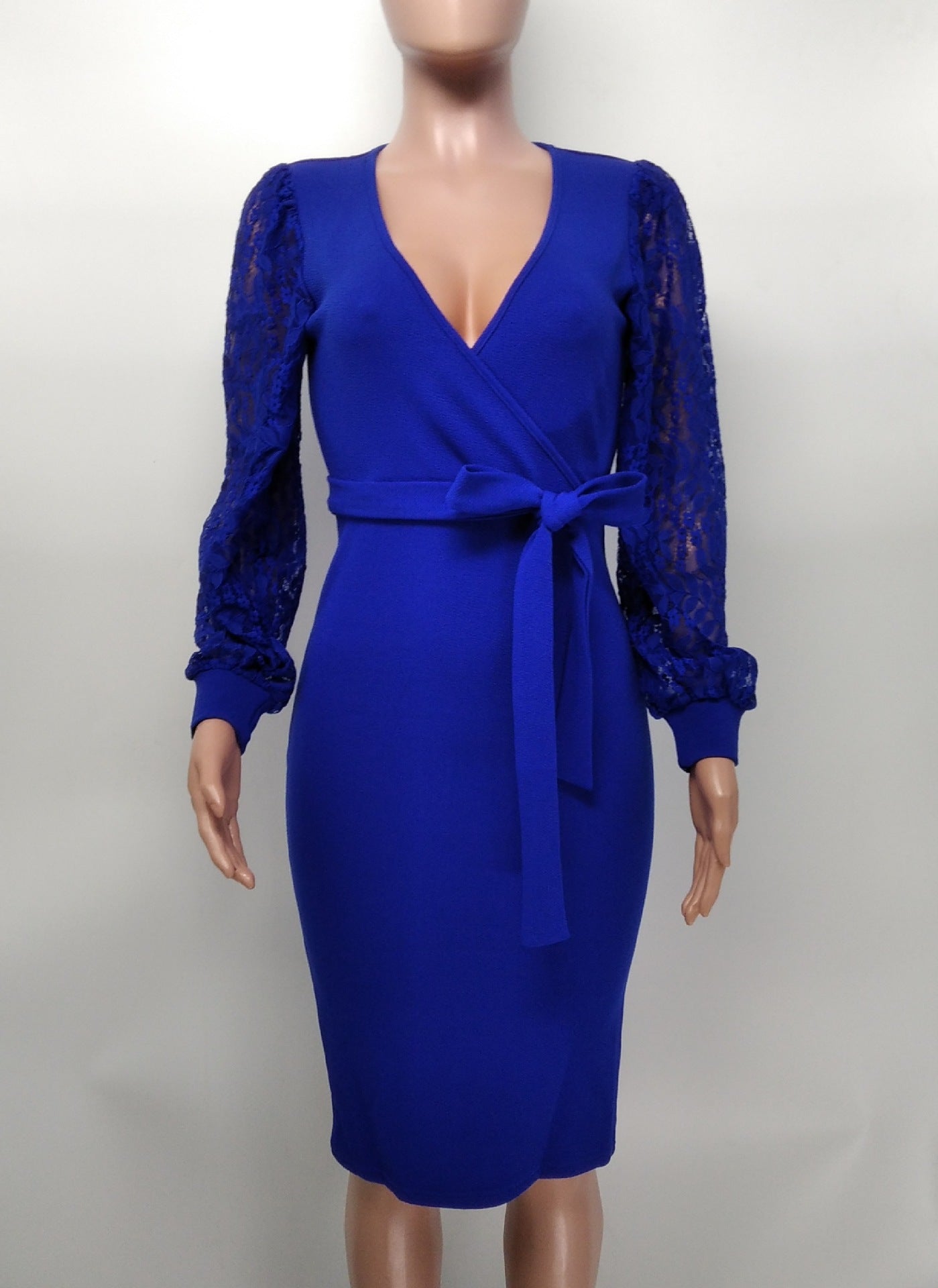 Women'S Fashion Solid Color Lace Lantern Sleeve Slim Midi Bodycon Dress 11