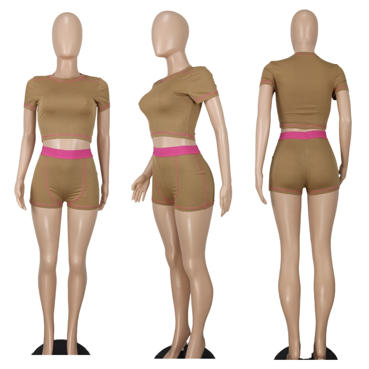 Women Casual Ribbed Contrast Color Short Sleeve Top and Shorts Two-piece Set 12