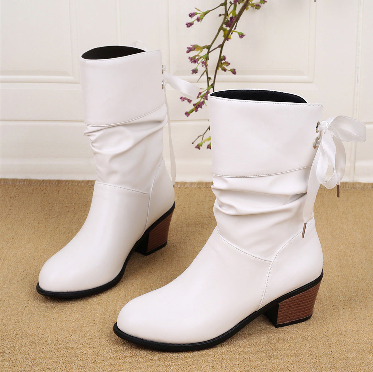 Back Lace-Up Mid-Tube Boots Women Autumn And Winter Thick Heel Round Toe Mid-Heel Plus Size Knight Boots 8