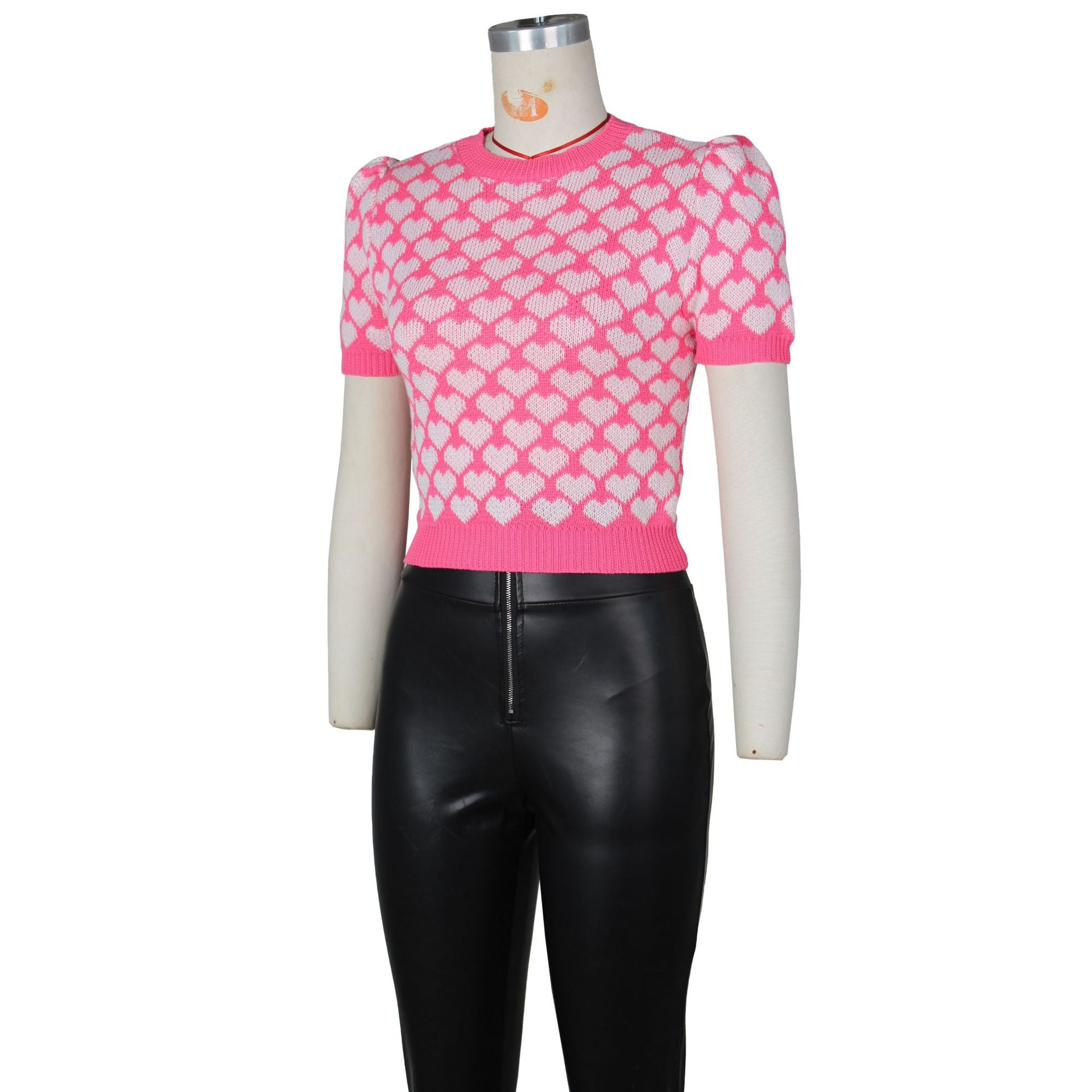 Women Spring/Summer knitting Heart Print Short Sleeve T-Shirt 12