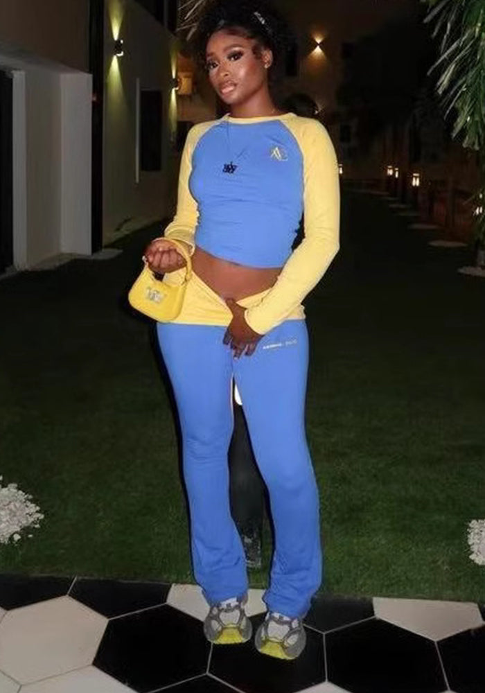 Women's Autumn Contrast Color Round Neck Slim Long Sleeve Two Piece Pants Set