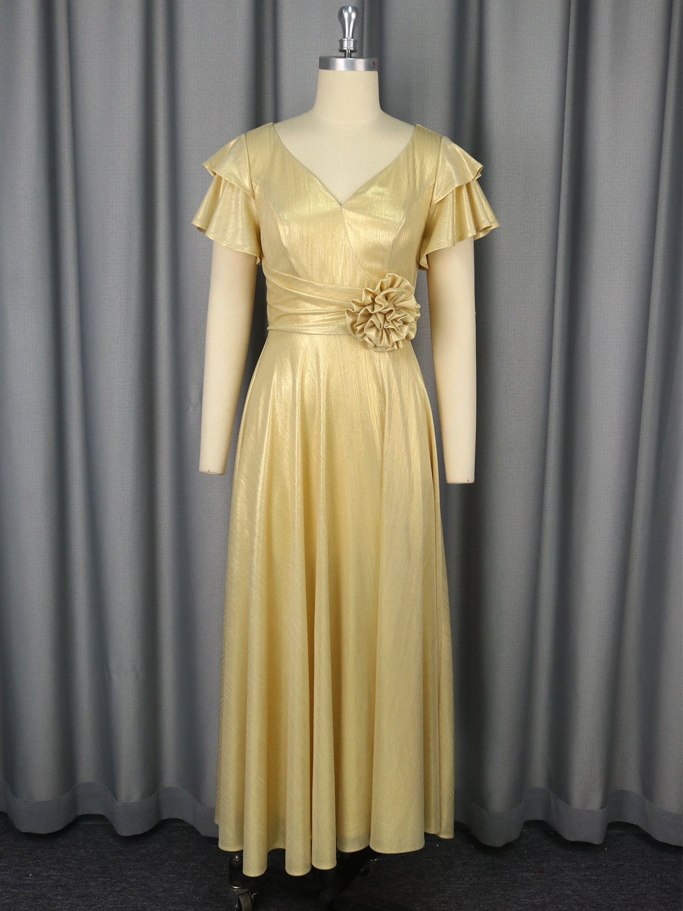 Sexy V-Neck Ruffle-Sleeve Party Dress Chic High-Waist Gold Evening Gown 4