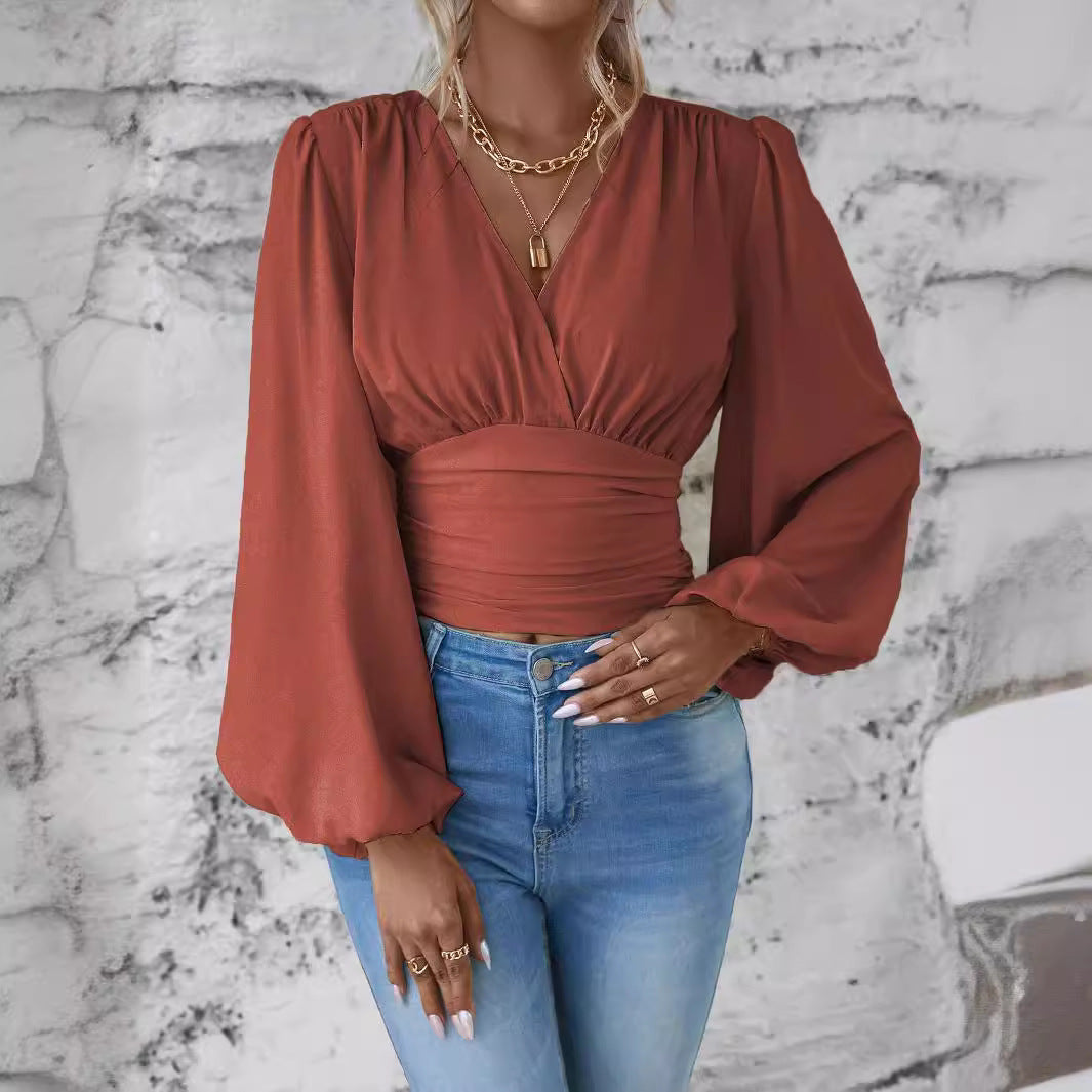 Spring autumn fashion Slim Waist V-neck solid color pleated women's long sleeve top 9