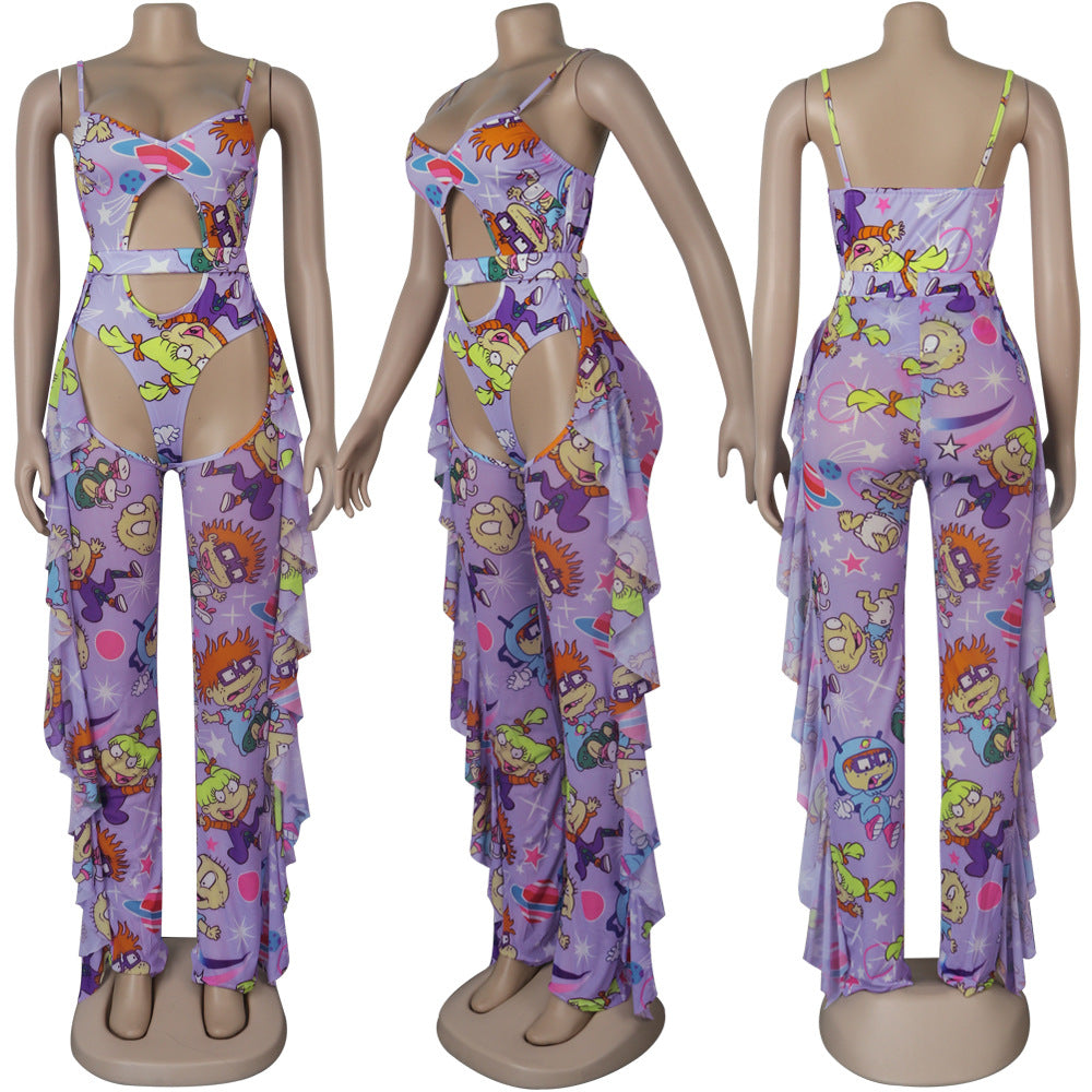 Sexy Women's Solid Color Printed One Piece Swimsuit Mesh Pants Two-Piece Set 12