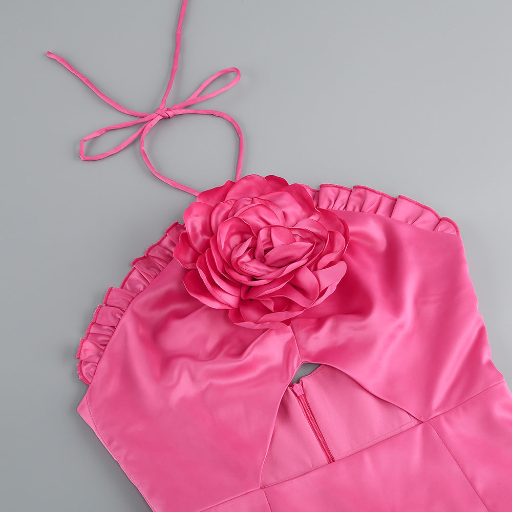 Summer Flower Sexy Strapless Halter Low Back Slit Long Party Dress 14