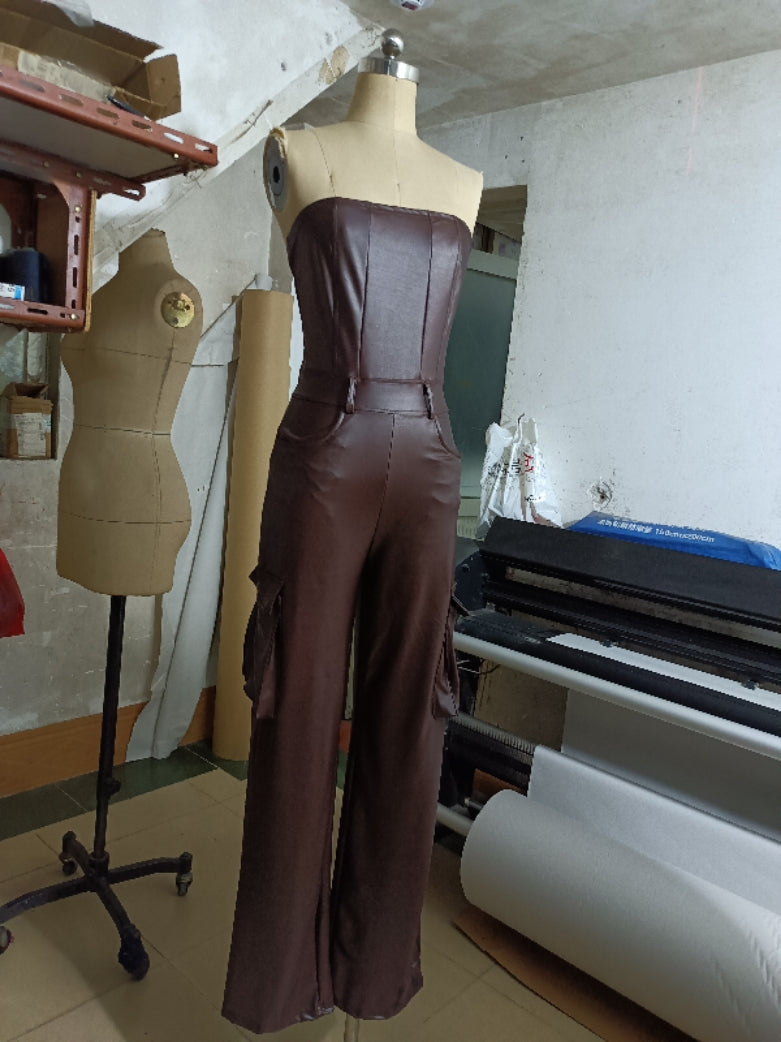 Women's Sexy Strapless Tight Fitting Slim Waist Pu Leather Jumpsuit 10