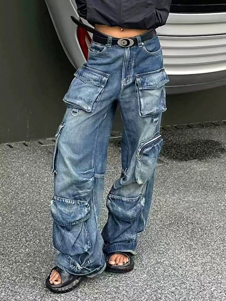 American Multi-Pocket Denim Cargo Pants Female Autumn And Winter Street Washed Wide Leg Trend Trousers