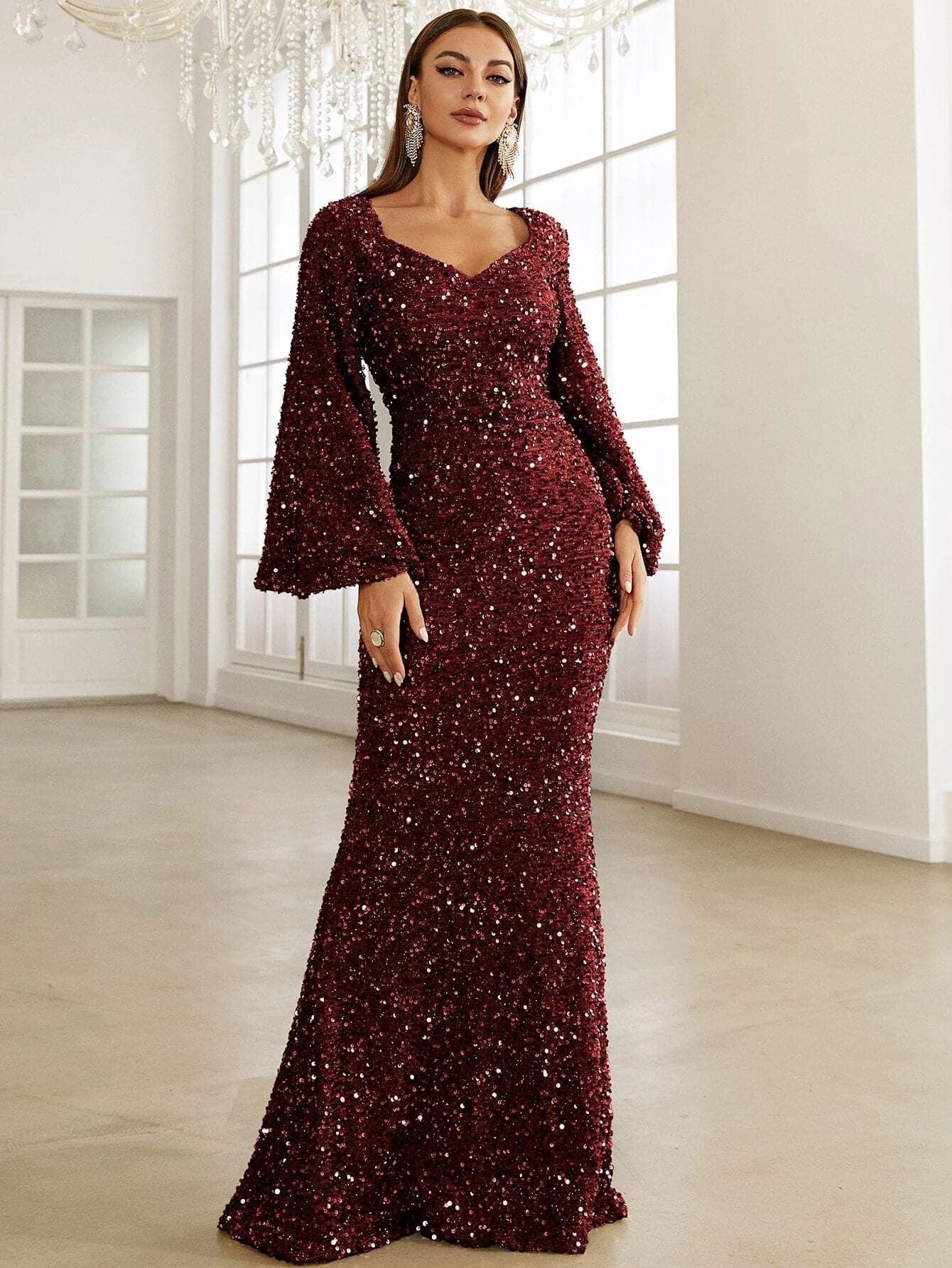 Spring Summer Fashion V Neck Bodycon Sequin Dress Mid Waist Bell Bottom Sleeve Long Evening Gown 4