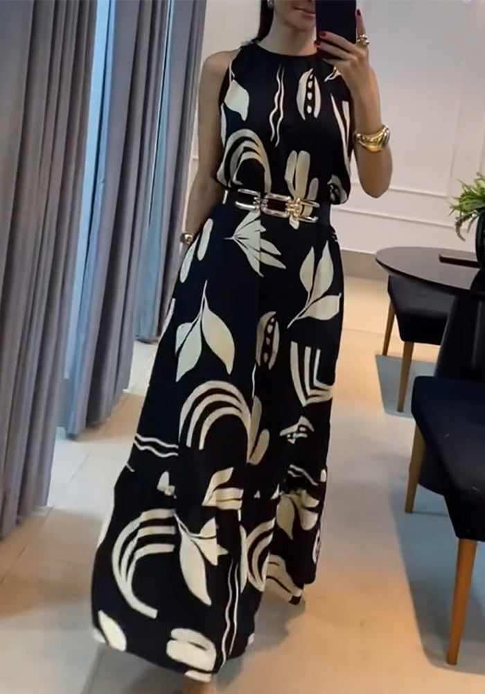 Women Sleeveless Leaf Black and White Print Maxi Dress--No Belt