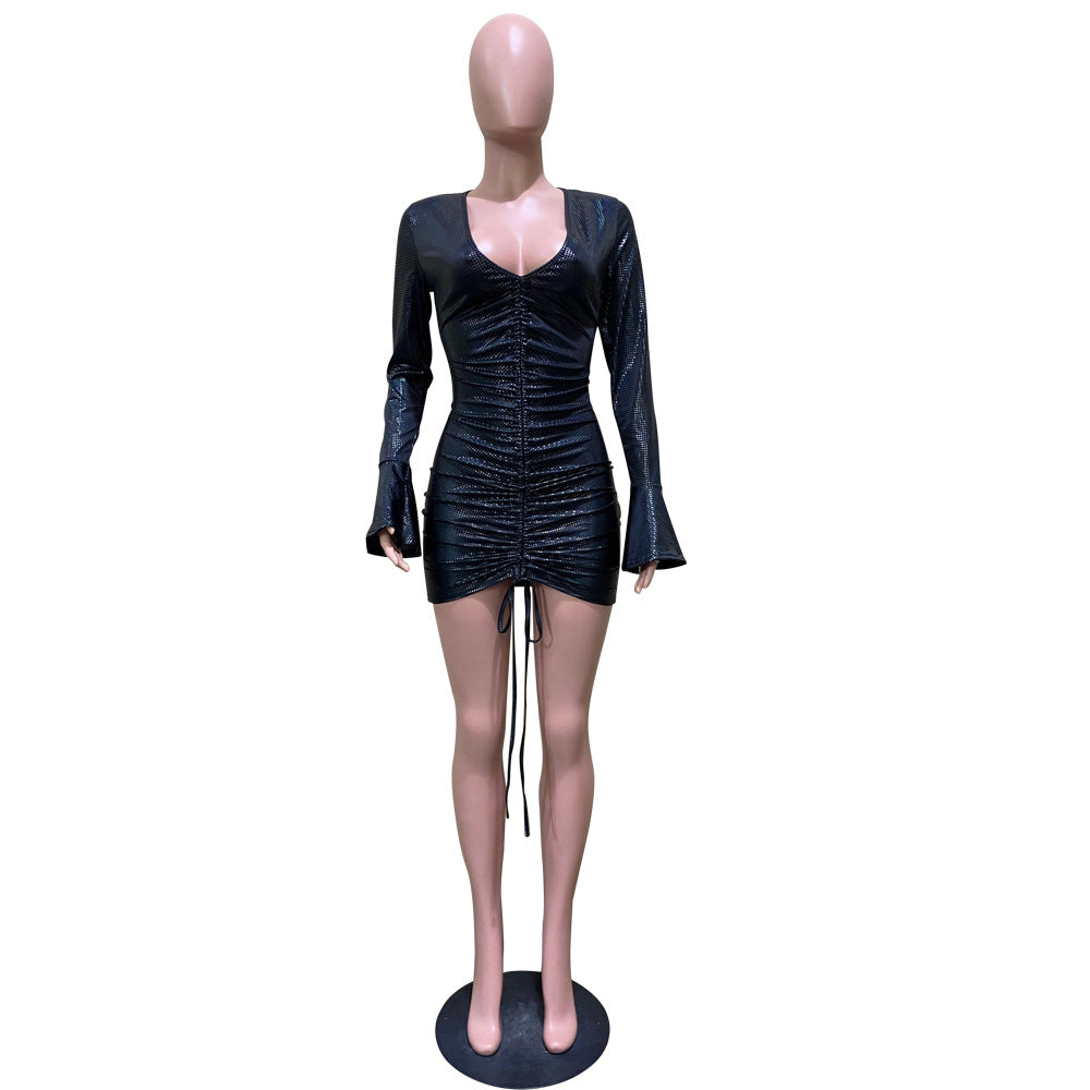 Women's Autumn And Winter Sexy Bell Bottom Sleeve Drawstring Lace-Up Dress 8