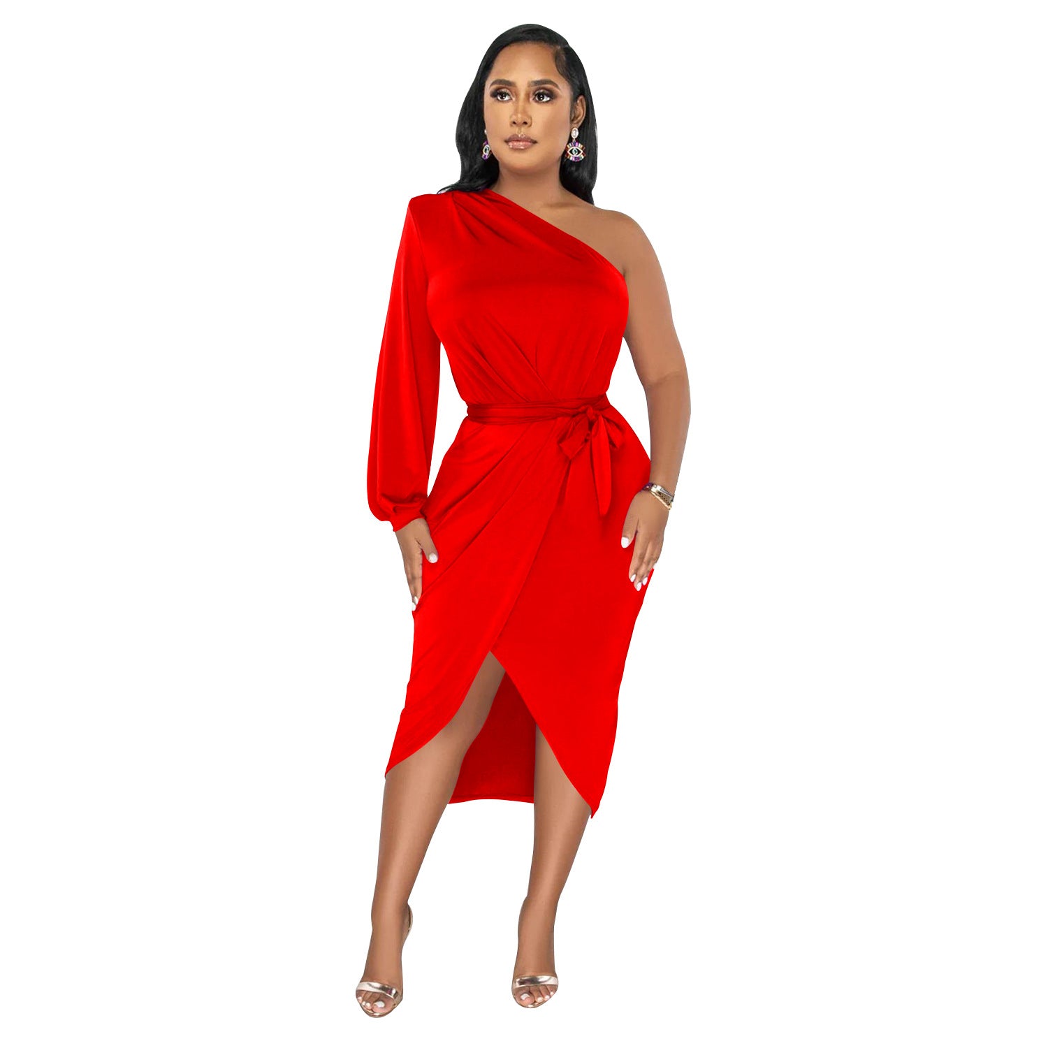 Women's Fashion Solid Color Single Long Sleeve Slash Shoulder Maxi Dress 13