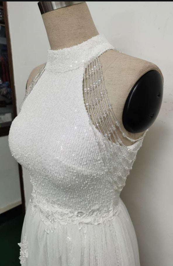 Summer Occassional White Sequin Mesh Patch Halter Evening Dress 7
