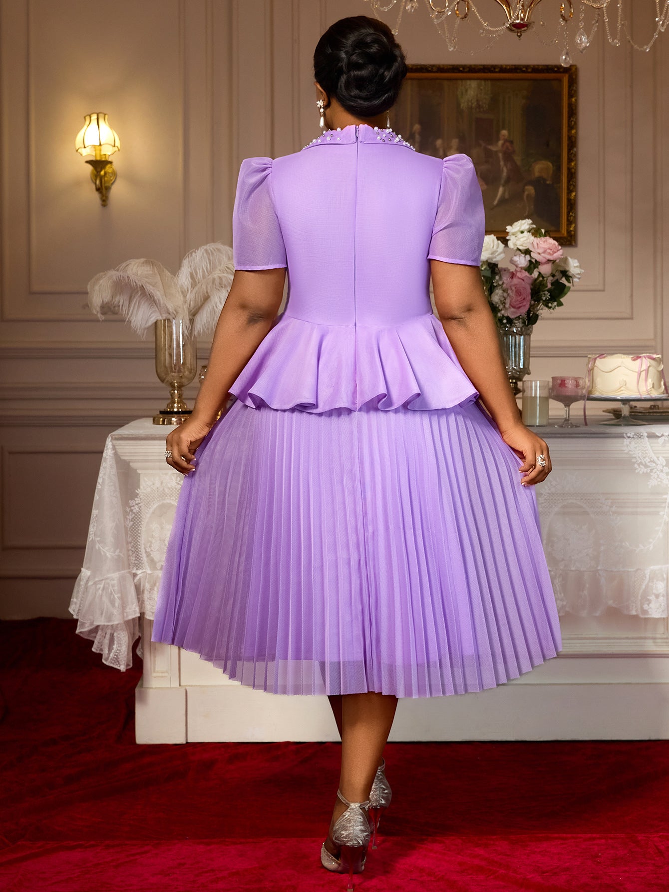 Plus-Size Women Turndown Collar Beaded Ruffle Dress 3