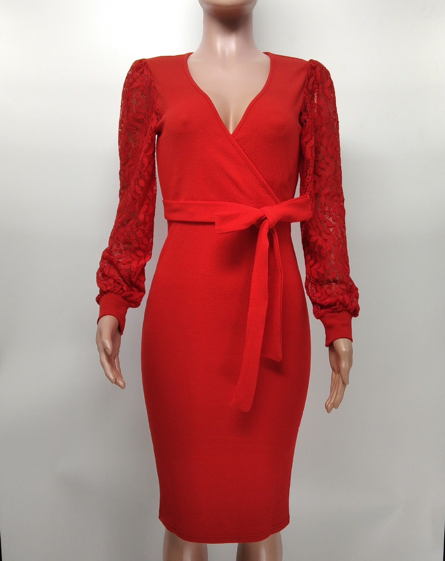 Women'S Fashion Solid Color Lace Lantern Sleeve Slim Midi Bodycon Dress 14