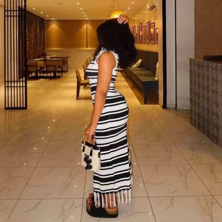 Tight Fitting Striped Tassel Sweater Dress Slim Fit Knit Fashionable Elegant Dress 7