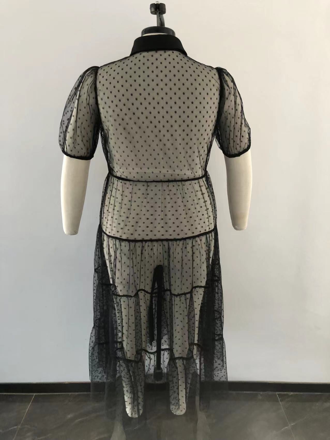 Plus Size Women Polka Dot Mesh Pleated Casual Dress 5