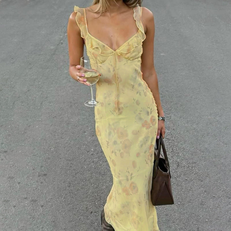 Chic Holidays Floral Strap Ruffle Sexy Flying Sleeve Long Dress