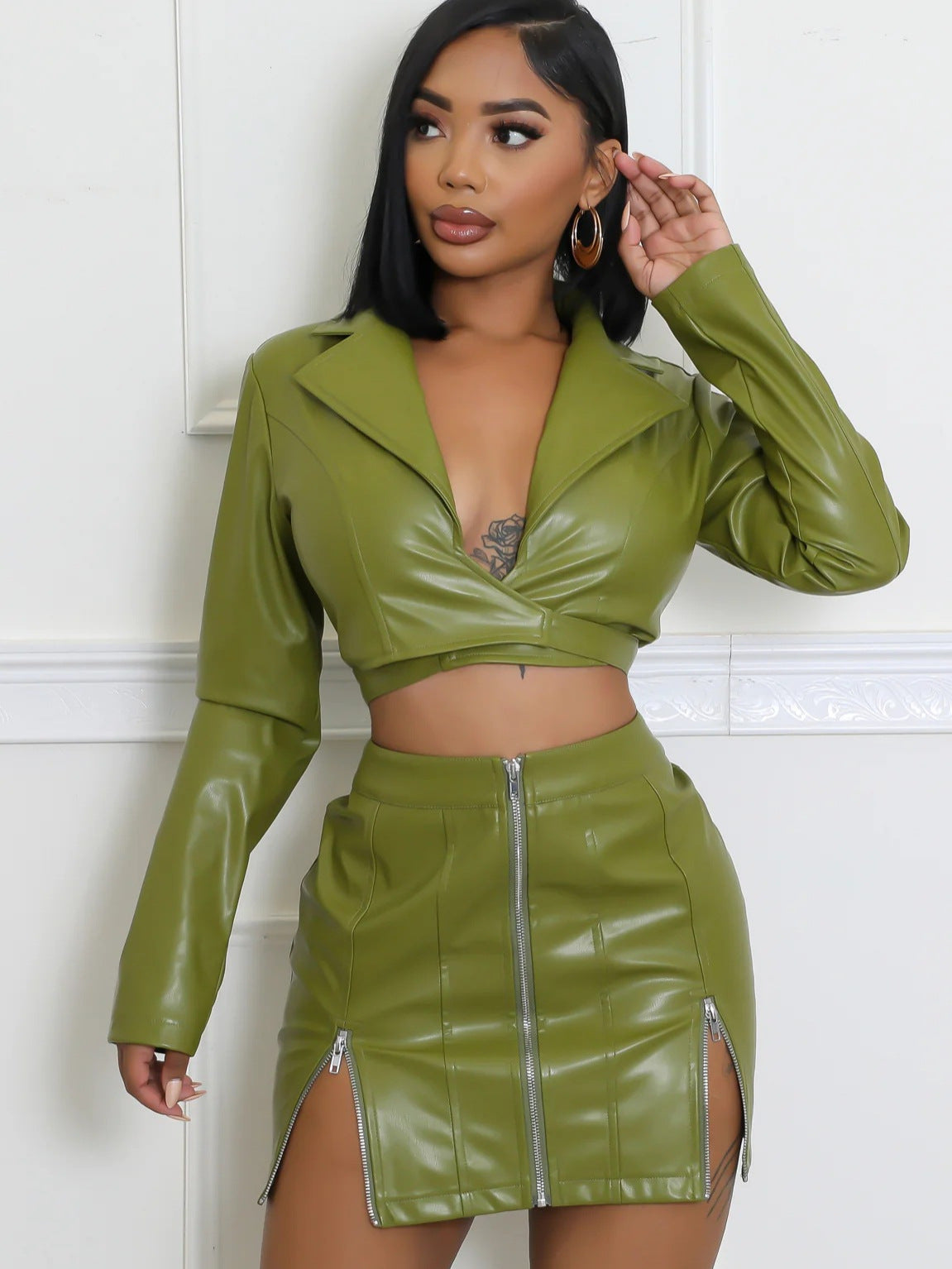 Fashionable Long-Sleeved V-Neck Slim Fit Sexy Hollow Fake Two-Piece Leather Dress 3