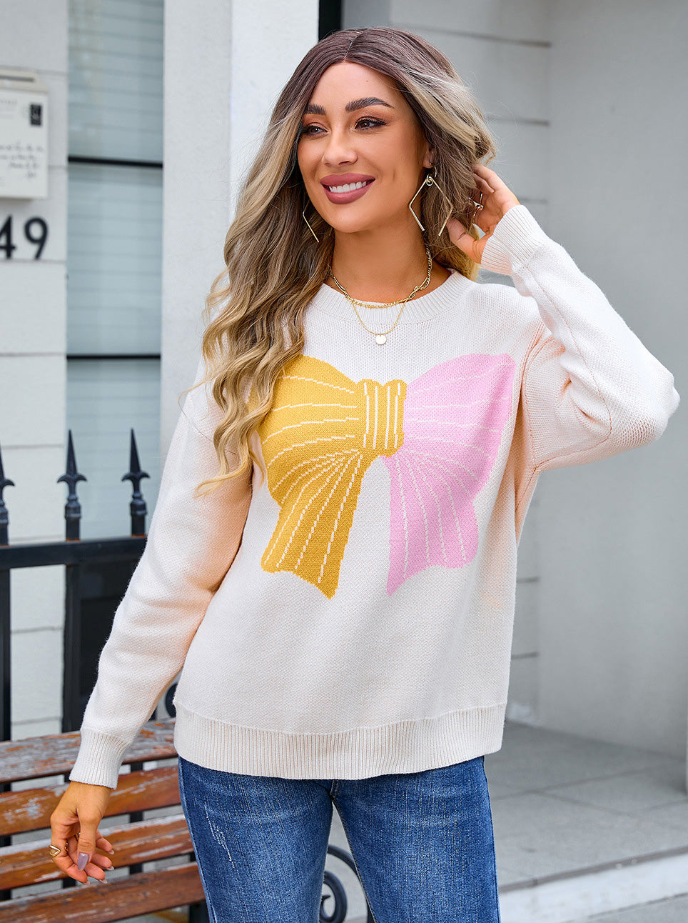 Autumn Winter Sweater Women's Bow Color Matching Knitting Pullover Shirt 24