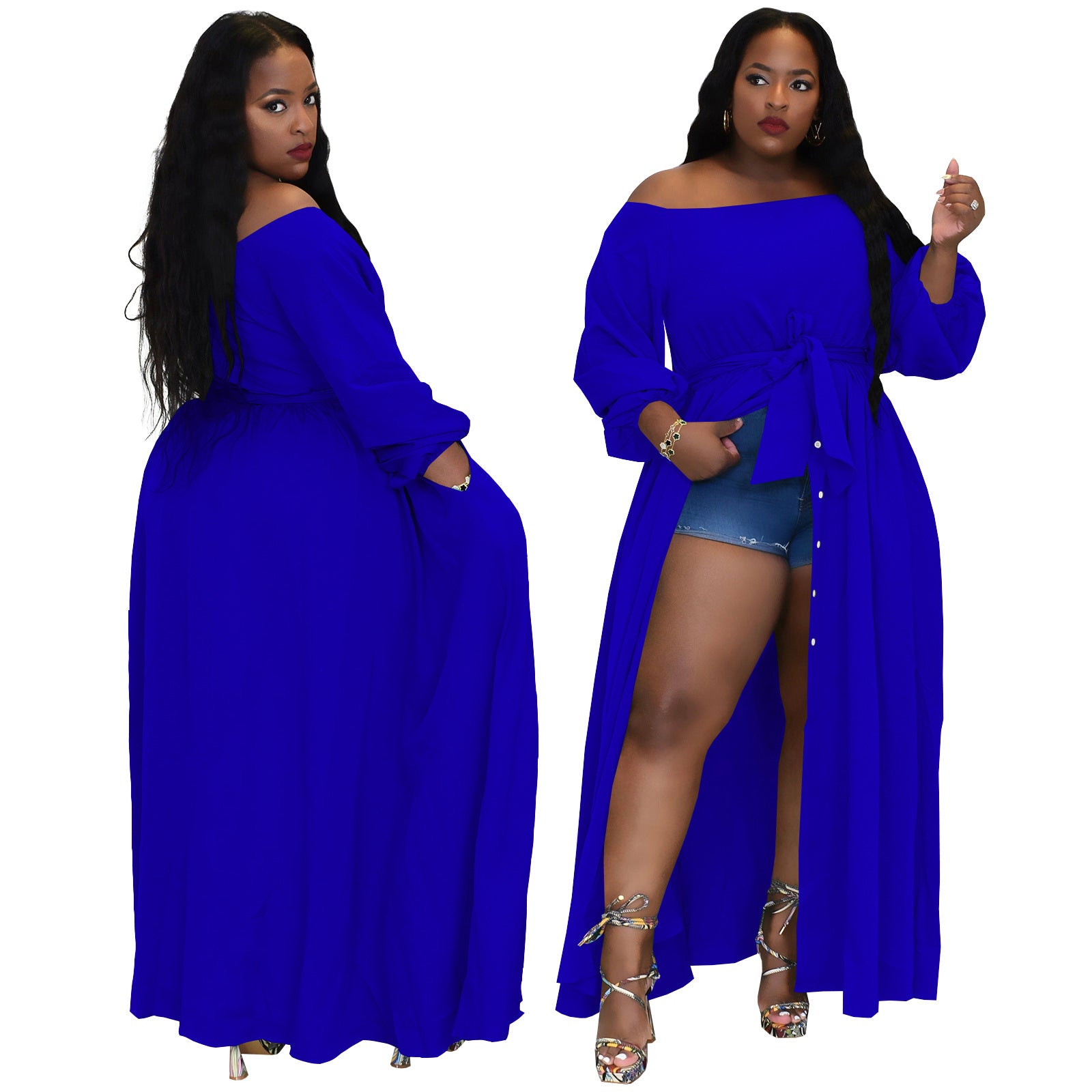 Plus Size Women Long Sleeve Pocket Button Slit Dress 6