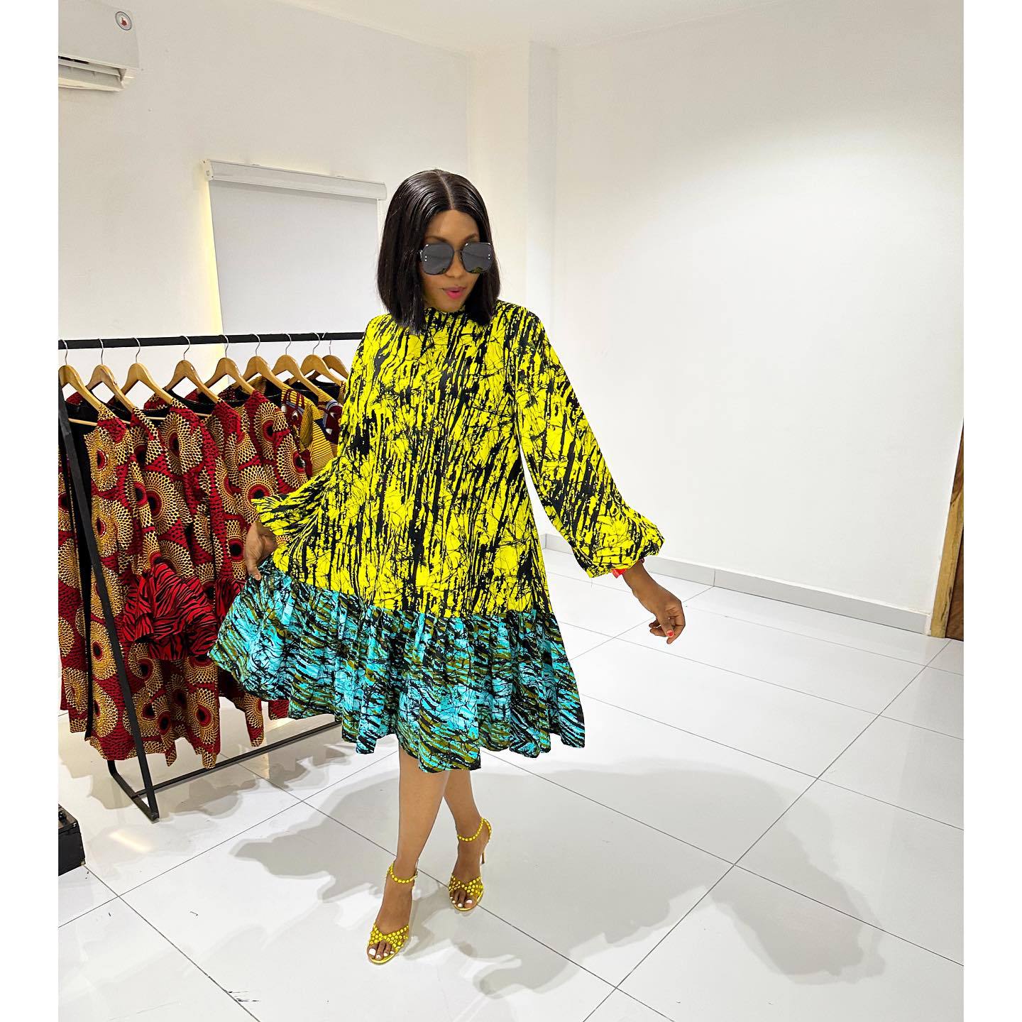 Women Printed Lace-Up Balloon Sleeves Loose Large Hem Round Neck Dress 20