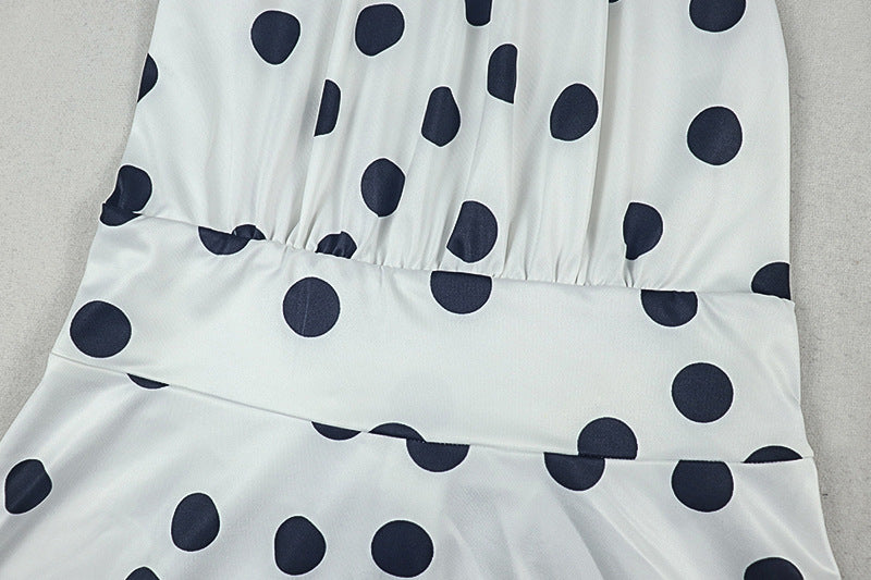 Women Pleated Waist Polka Dot Print Halter Neck Dress 13