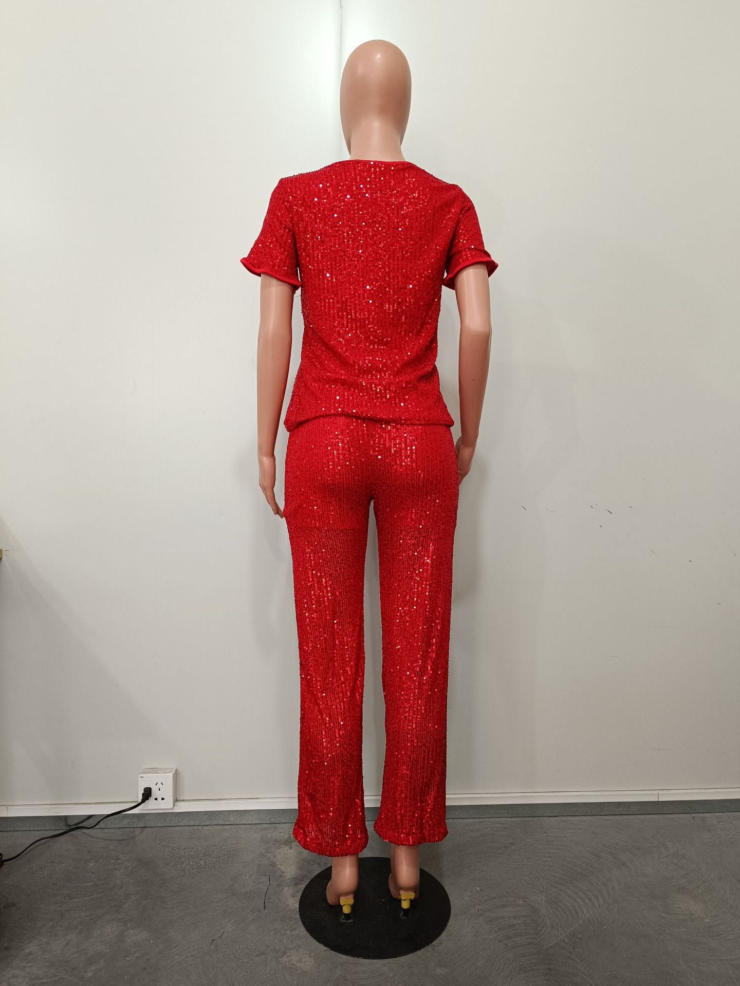 Women Spring Summer Sequin Solid Short Sleeve Top and Pants Two-piece Set 34