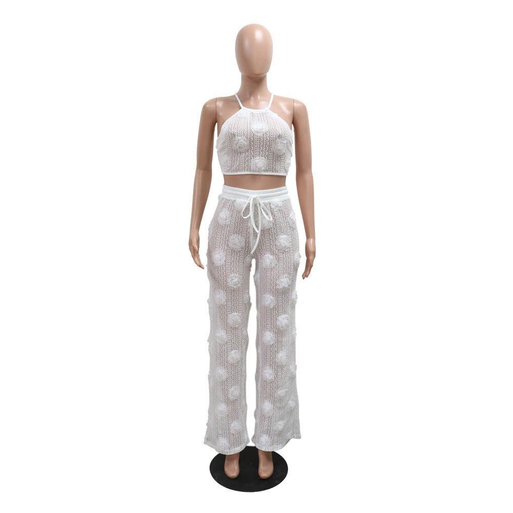 Women Solid Color See-Through Lace-Up Top Loose Slim Pants Two-Piece Set 15