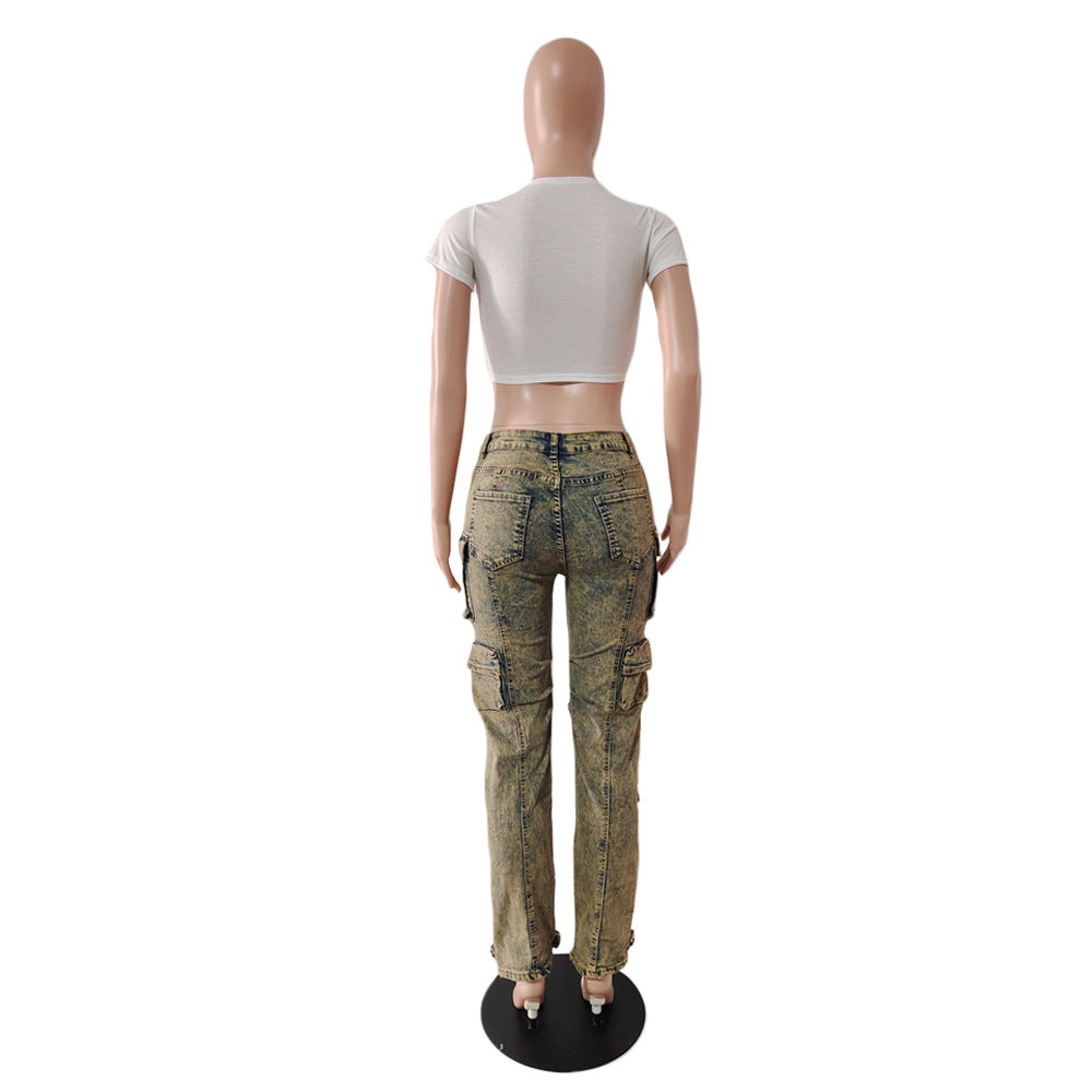Women's Street Hipster Multi Pocket Cargo Pants Street Wash Distressed Denim Pants 10
