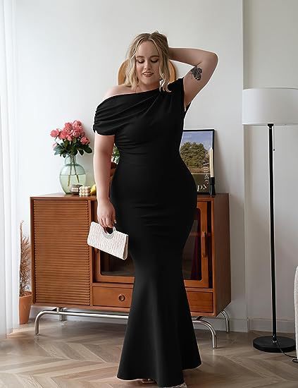 Plus Size Women Solid Slash Shoulder Elegant Bodycon Dress 5