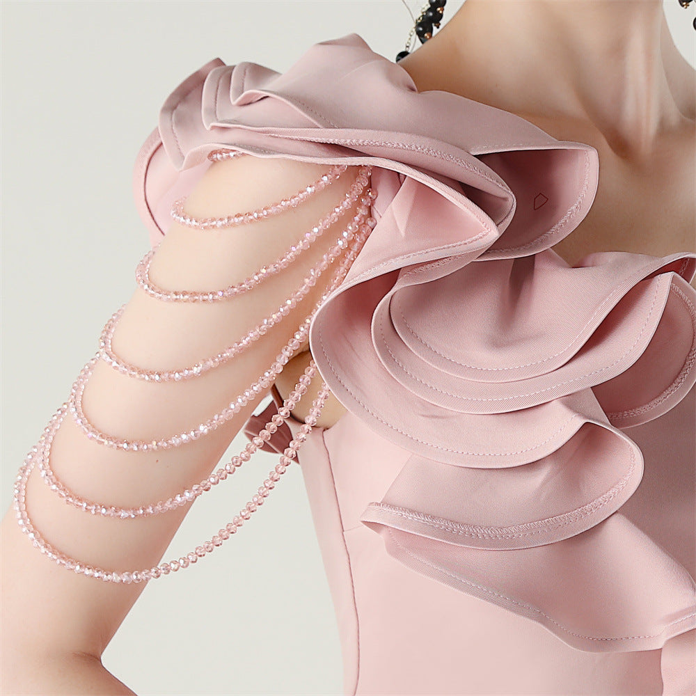 Women One-Shoulder Beaded Wool and Floral Satin Slit Sexy Evening Dress 59