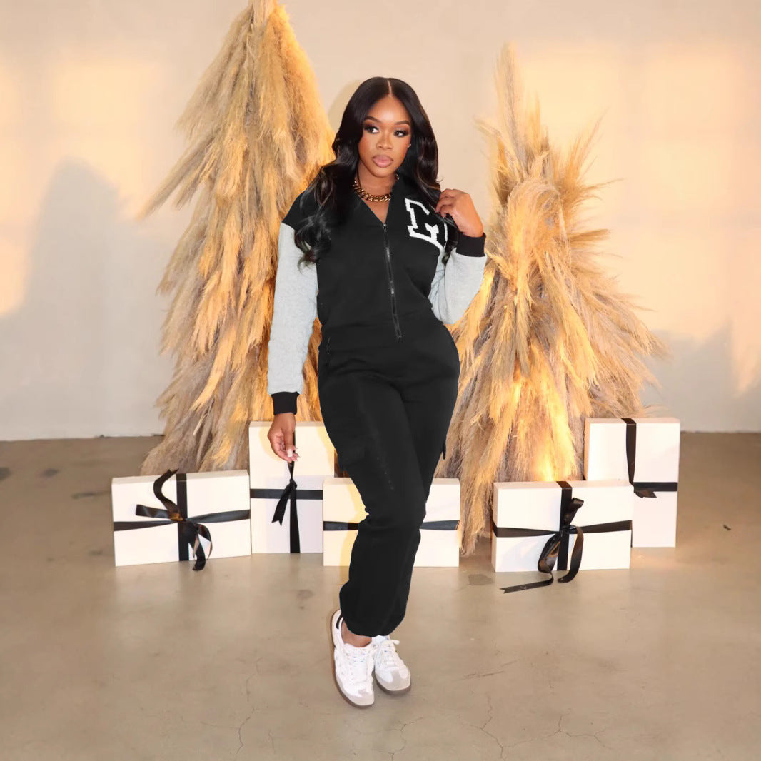 Women Casual Letter Printed Contrast Color Long Sleeve Zipper Top and Pants Two Piece Set 7