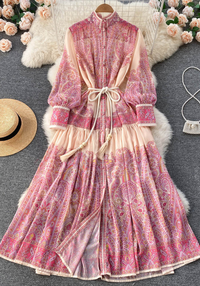 Women Stand Collar Balloon Sleeve Printed Dress