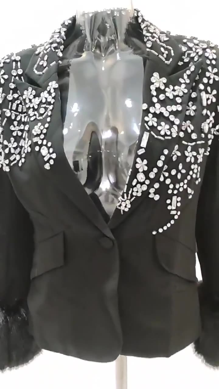 Women Spring Autumn One Button Long Sleeve Turndown Collar Beaded Black Fur Slim Fit Jacket 10