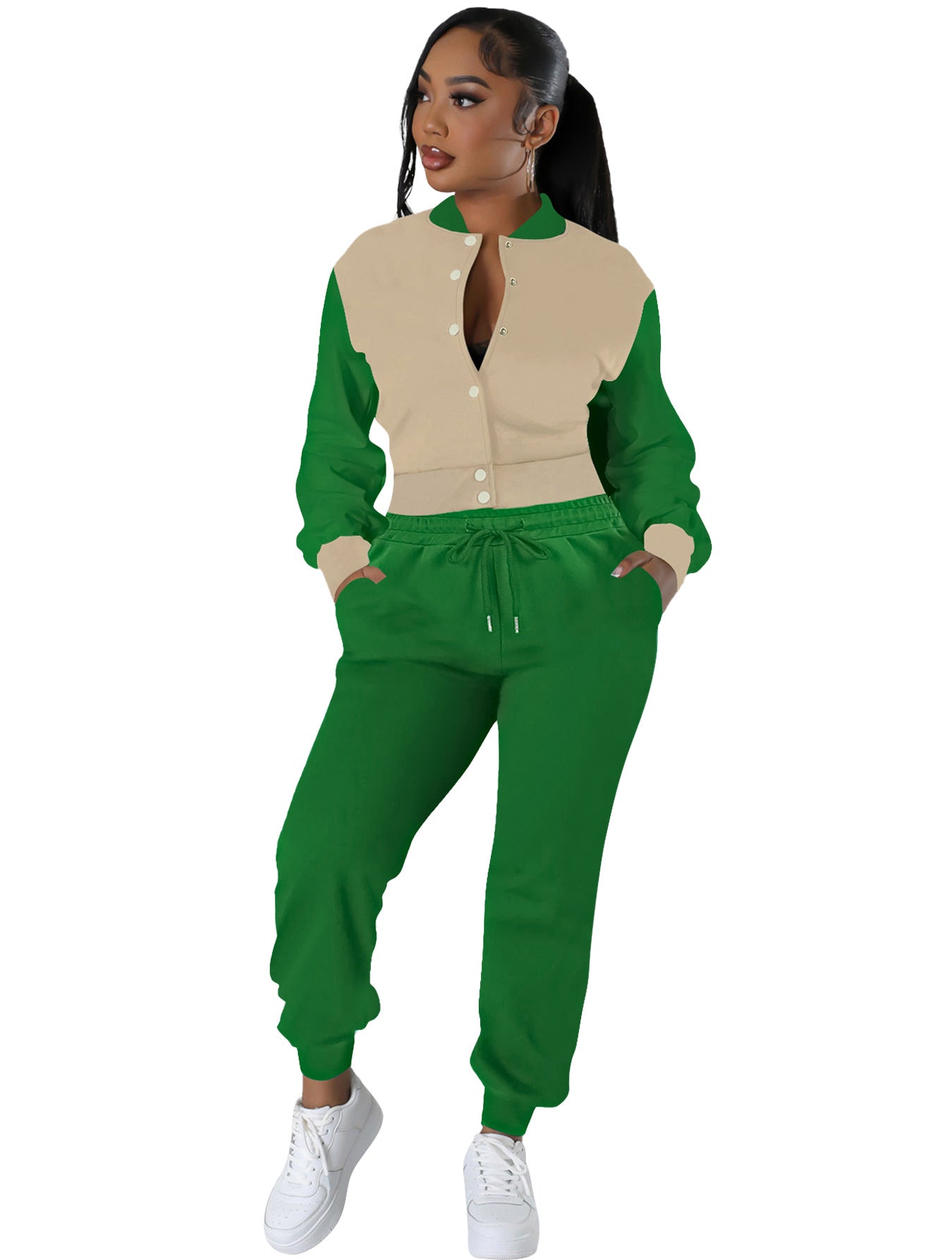 Women Patchwork Baseball Jacket and Pants Two-piece Set 9