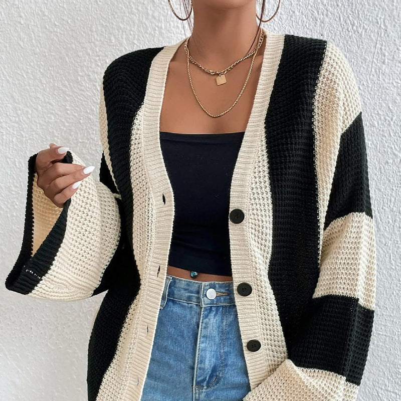 Fashionable Autumn And Winter Women's Striped Contrast Color Bell Bottom Sleeve Loose Knitting Cardigan 8