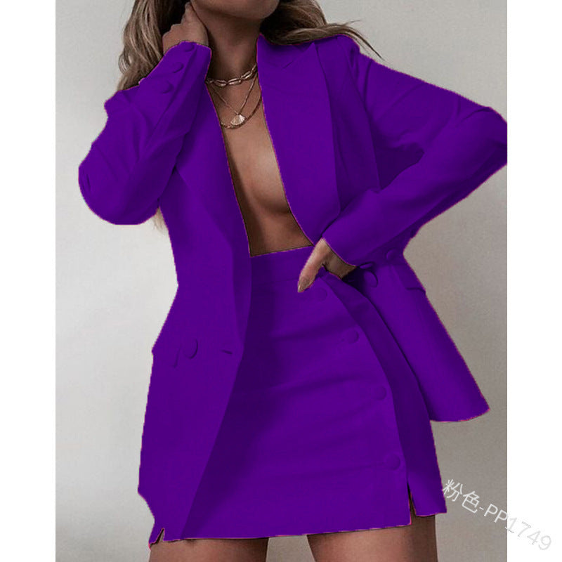 Solid Color Suit Blazer Coat Skirt Two Piece 28