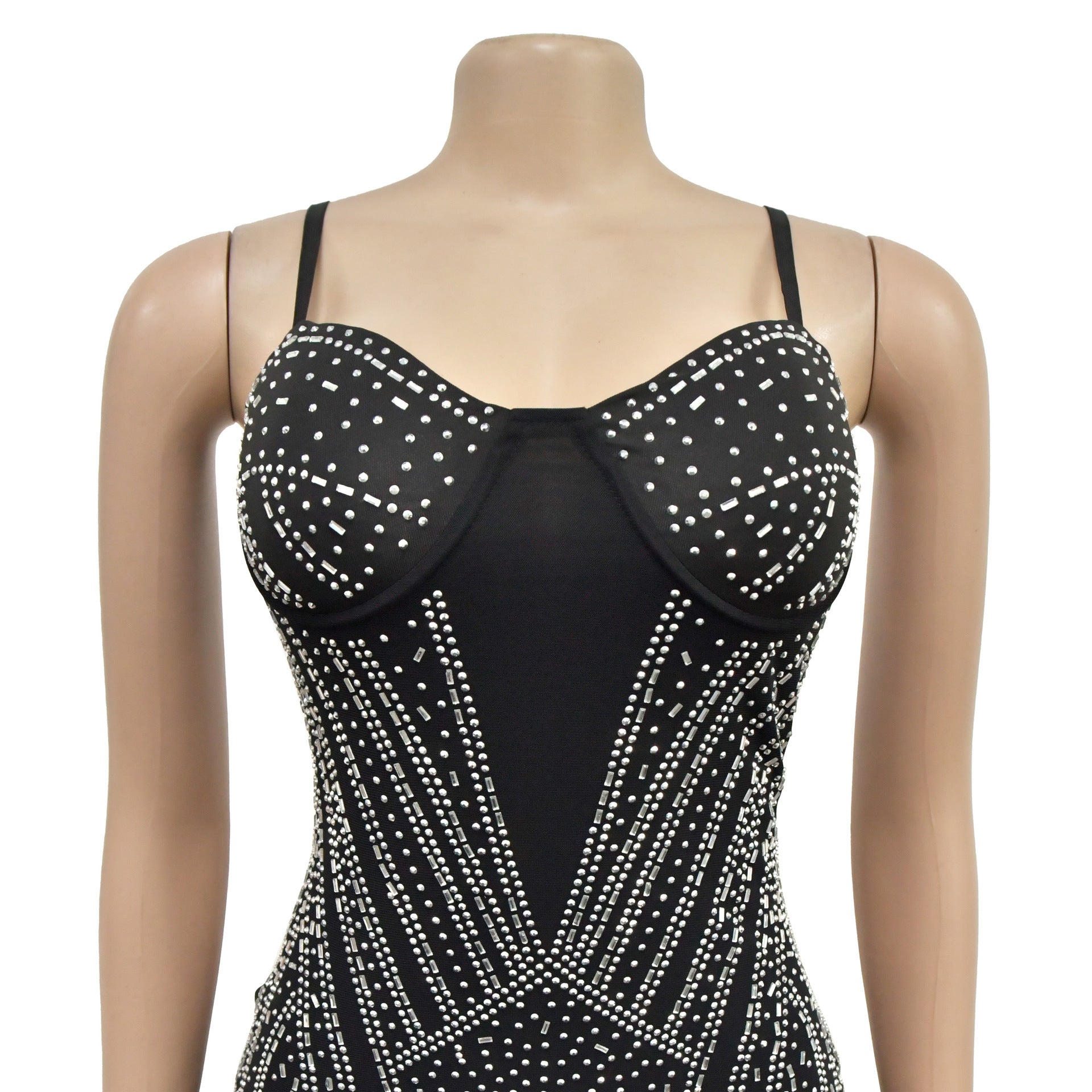 Fashion Women's Solid Color Sexy Beaded Mesh Strap Dress 16