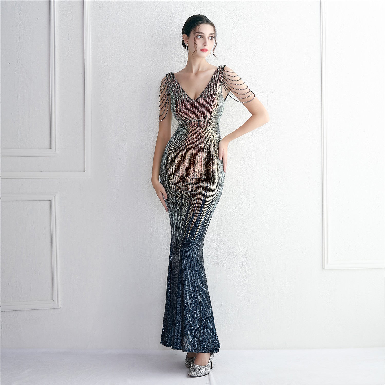 Mélange Sequin Beaded Evening Gown Long Formal Party Slim Evening Dress 11