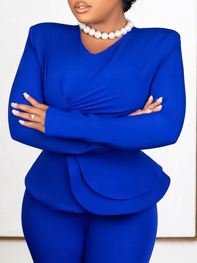 Autumn And Winter Fashion Ol Ruffled V-Neck Top And Pants Two-Piece Set 6